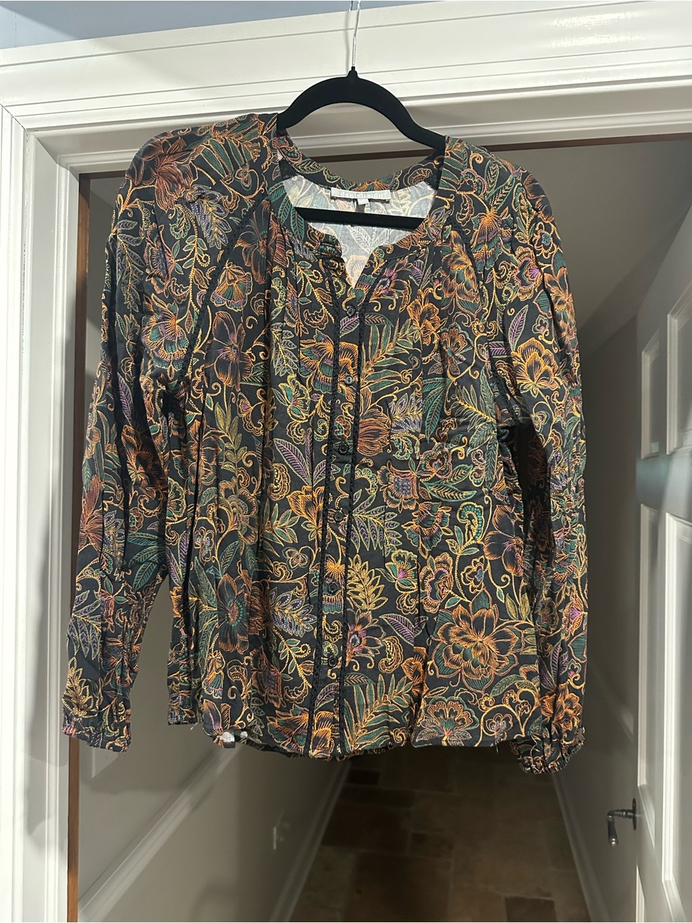 Daniel Rainn Black Floral Button-Front Blouse with Green and Orange Accents